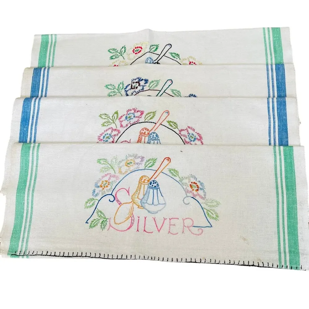 Vintage Linen Embroidered Towels Silver & Flowers Very Nice Set of 4 Cottagecore